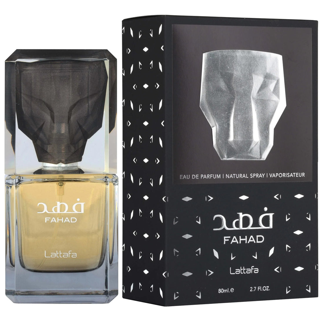 Lattafa Fahad Eau de Parfum bottle with amber-yellow liquid next to its black packaging box, both featuring a faceted geometric glass design and white text.